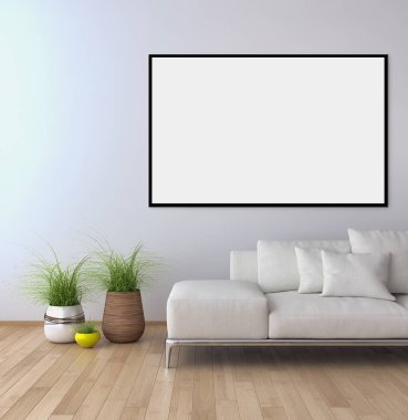 Modern parlak iç daire mockup poster çerçeve 3d render çizim ile