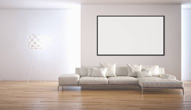 Modern parlak iç daire mockup poster çerçeve 3d render çizim ile