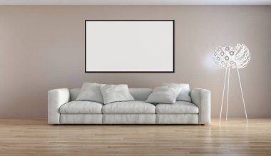Modern parlak iç daire mockup poster çerçeve 3d render çizim ile