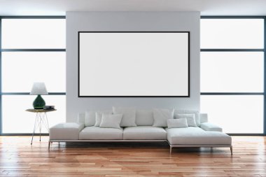 Modern parlak iç daire mockup poster çerçeve 3d render çizim ile