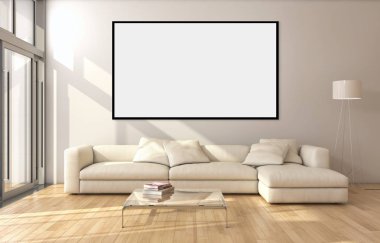 Modern parlak iç daire mockup poster çerçeve 3d render çizim ile