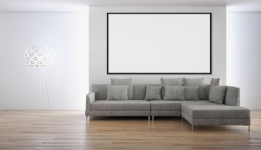 Modern parlak iç daire mockup poster çerçeve 3d render çizim ile