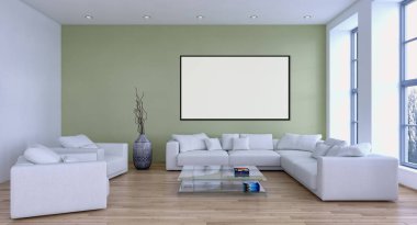 Modern parlak iç daire mockup poster çerçeve 3d render çizim ile