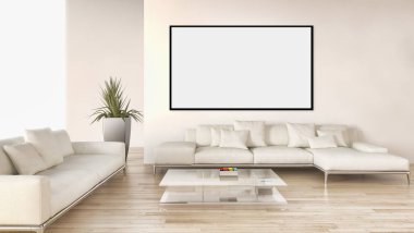 Modern parlak iç daire mockup poster çerçeve 3d render çizim ile