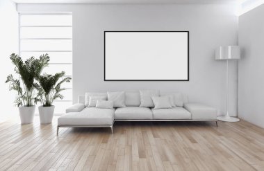 Modern parlak iç daire mockup poster çerçeve 3d render çizim ile