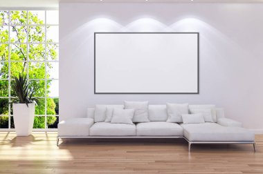 Modern parlak iç daire mockup poster çerçeve 3d render çizim ile