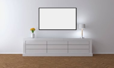 Modern parlak iç daire mockup poster çerçeve 3d render çizim ile