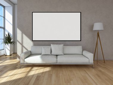 Modern parlak iç daire mockup poster çerçeve 3d render çizim ile