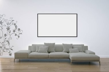 Modern parlak iç daire mockup poster çerçeve 3d render çizim ile