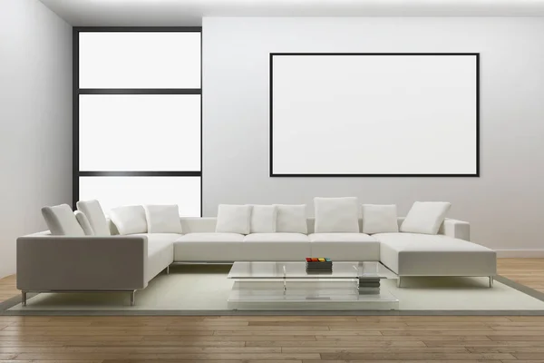 Moderno Apartamento Interiores Luminosos Con Marco Póster Maqueta Representación Ilustración —  Fotos de Stock
