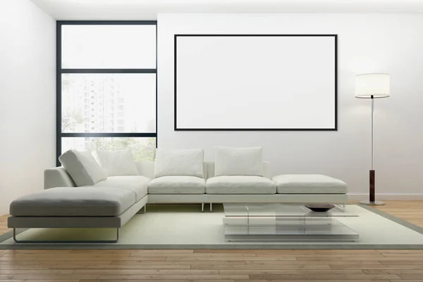 Moderno Apartamento Interiores Luminosos Con Marco Póster Maqueta Representación Ilustración — Foto de Stock