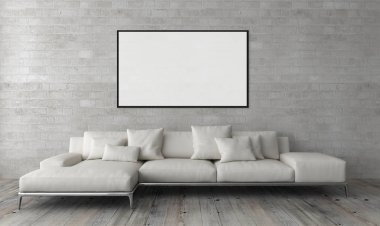 Modern parlak iç daire mockup poster çerçeve 3d render çizim ile