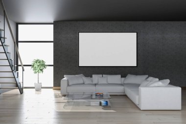 Modern parlak iç daire mockup poster çerçeve 3d render çizim ile