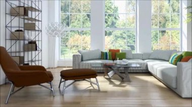 Modern parlak iç daire oturma oda 3d render illüstrasyon