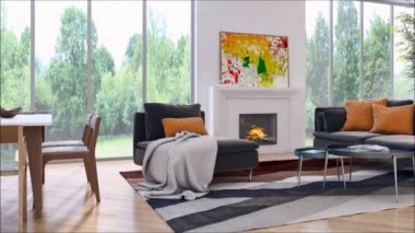 Modern parlak iç daire oturma oda 3d render illüstrasyon