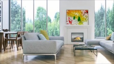 Modern parlak iç daire oturma oda 3d render illüstrasyon
