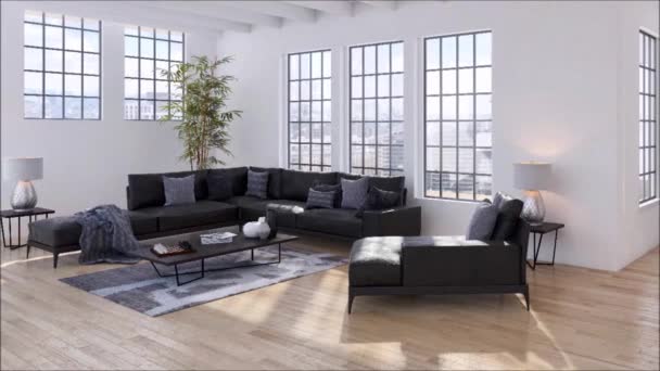 Moderní Světlé Interiéry Bytu Obývací Pokoj Vykreslování Obrázku — Stock video
