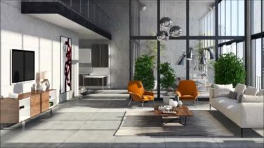 Modern parlak iç daire oturma oda 3d render illüstrasyon