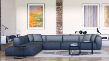 Modern parlak iç daire oturma oda 3d render illüstrasyon