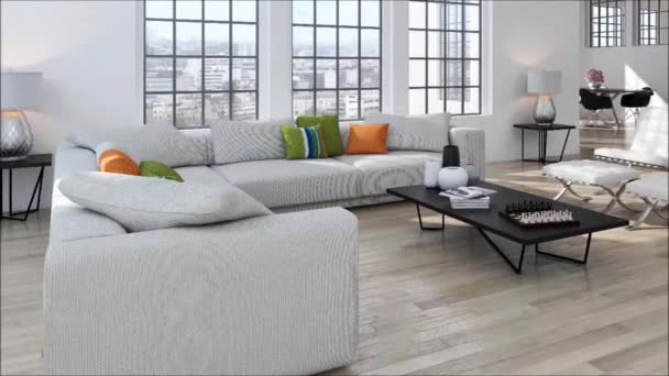 Moderne Lichte Interieur Appartement Levende Kamer Rendering Illustratie — Stockvideo