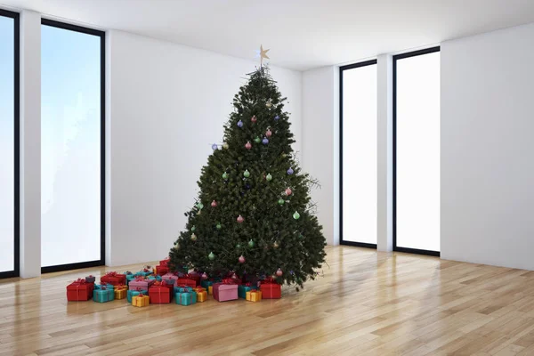 Moderne Helle Innenräume Wohnung Wohnzimmer Mit Weihnachtsbaum Rendering Illustration — Stockfoto