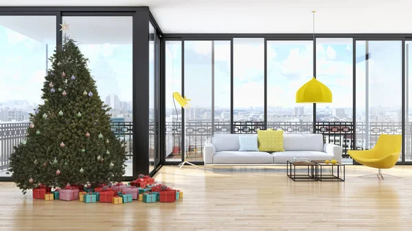 Modernos Interiores Luminosos Apartamento Sala Estar Com Árvore Natal Ilustração — Fotografia de Stock