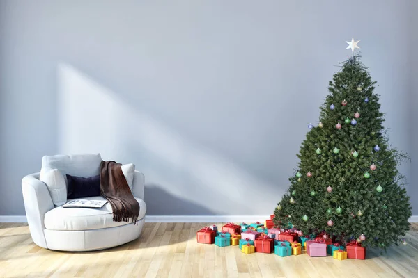 Nowoczesne Jasne Wnętrza Apartament Pokój Dzienny Christmas Tree Renderowania Ilustracja — Zdjęcie stockowe