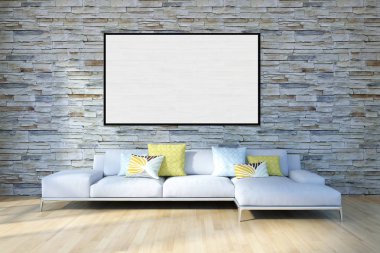 Modern parlak iç daire mockup poster çerçeve 3d render çizim ile