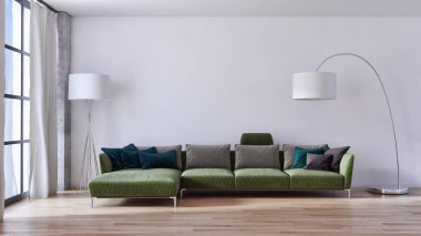 Modern parlak iç daire oturma oda 3d render illüstrasyon