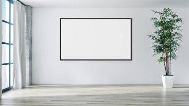 Modern parlak iç daire mockup poster çerçeve 3d render çizim ile