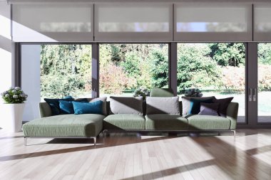 Modern parlak iç daire Salon 3d render oluşturulan bilgisayar görüntü illüstrasyon