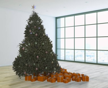Modern parlak iç daire salon ile Noel ağacı 3d render illüstrasyon bilgisayar görüntü oluşturulan
