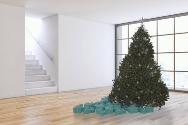 Modern parlak iç daire salon ile Noel ağacı 3d render illüstrasyon bilgisayar görüntü oluşturulan