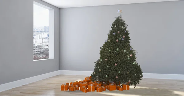 Moderno Interiores Luminosos Apartamento Sala Estar Com Árvore Natal Renderização — Fotografia de Stock