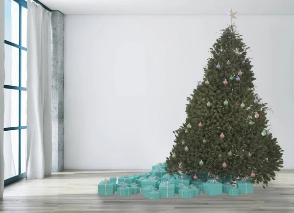 Moderno Interior Luminoso Apartamento Sala Estar Con Árbol Navidad Representación — Foto de Stock