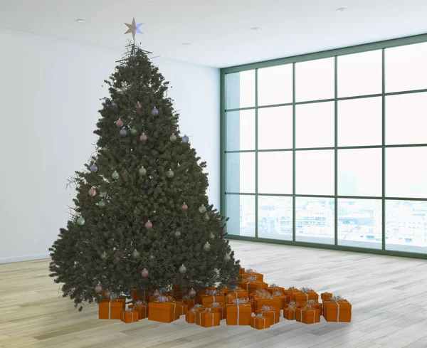 Modern parlak iç daire salon ile Noel ağacı 3d render illüstrasyon bilgisayar görüntü oluşturulan