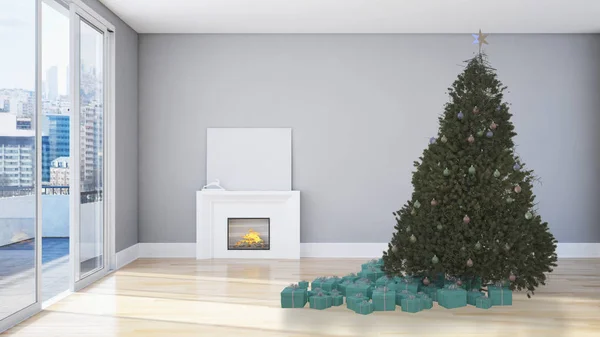 Nowoczesne Wnętrza Jasny Apartament Pokój Dzienny Christmas Tree Renderowania Ilustracja — Zdjęcie stockowe