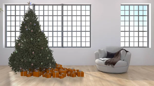 Moderne Helle Innenräume Wohnung Wohnzimmer Mit Weihnachtsbaum Rendering Illustration Computer — Stockfoto