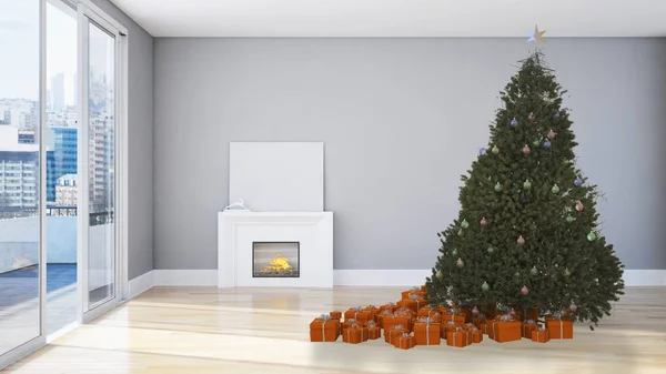 モダンな明るいインテリア アパート リビング クリスマス ツリー レンダリング図コンピューター生成画像 — ストック写真