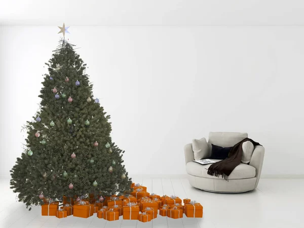 Moderno Interior Luminoso Apartamento Sala Estar Con Árbol Navidad Representación — Foto de Stock