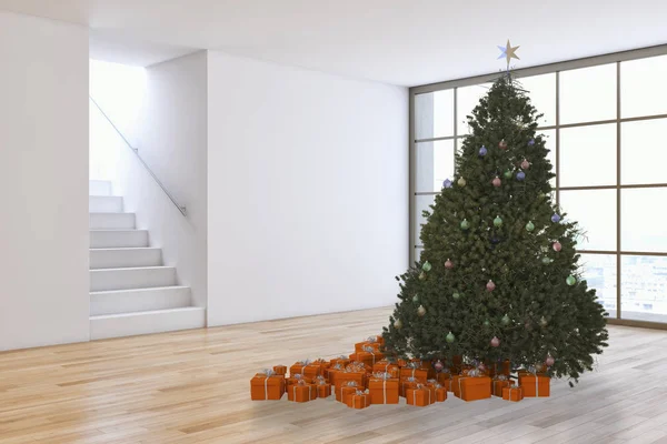 Moderne Lichte Interieur Appartement Woonkamer Met Kerst Boom Rendering Illustratie — Stockfoto