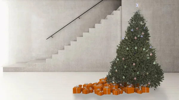Nowoczesne Wnętrza Jasny Apartament Pokój Dzienny Christmas Tree Renderowania Ilustracja — Zdjęcie stockowe