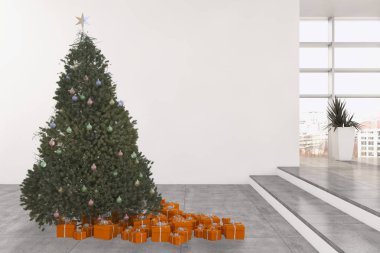 Modern parlak iç daire salon Noel ağacı 3d render çizim ile