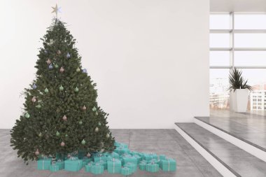 Modern parlak iç daire salon Noel ağacı 3d render çizim ile