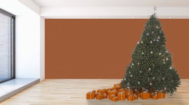 Modern parlak iç daire salon Noel ağacı 3d render çizim ile