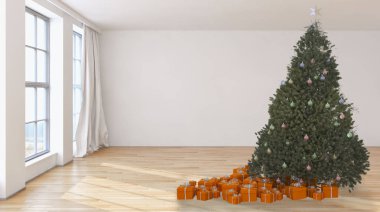 Modern parlak iç daire salon Noel ağacı 3d render çizim ile