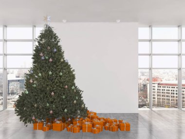 Modern parlak iç daire salon Noel ağacı 3d render çizim ile