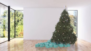 Modern parlak iç daire salon Noel ağacı 3d render çizim ile