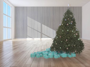 Modern parlak iç daire salon Noel ağacı 3d render çizim ile