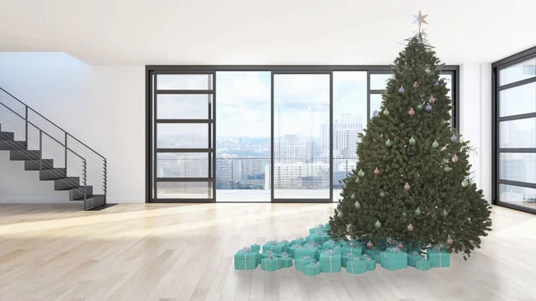Moderne Helle Innenräume Wohnung Wohnzimmer Mit Weihnachtsbaum Rendering Illustration — Stockfoto